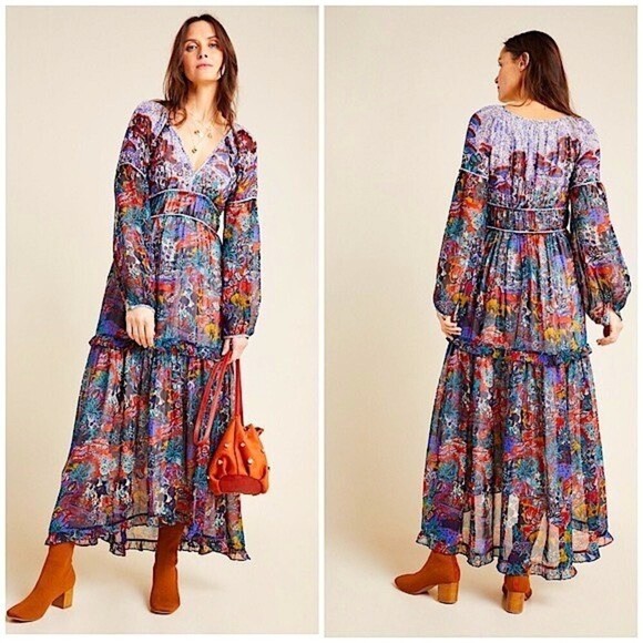 Anthropologie Maeve Annabella Tiered Boho Maxi Dress Puff Sleeve V-Neck Size 10 - Picture 1 of 16